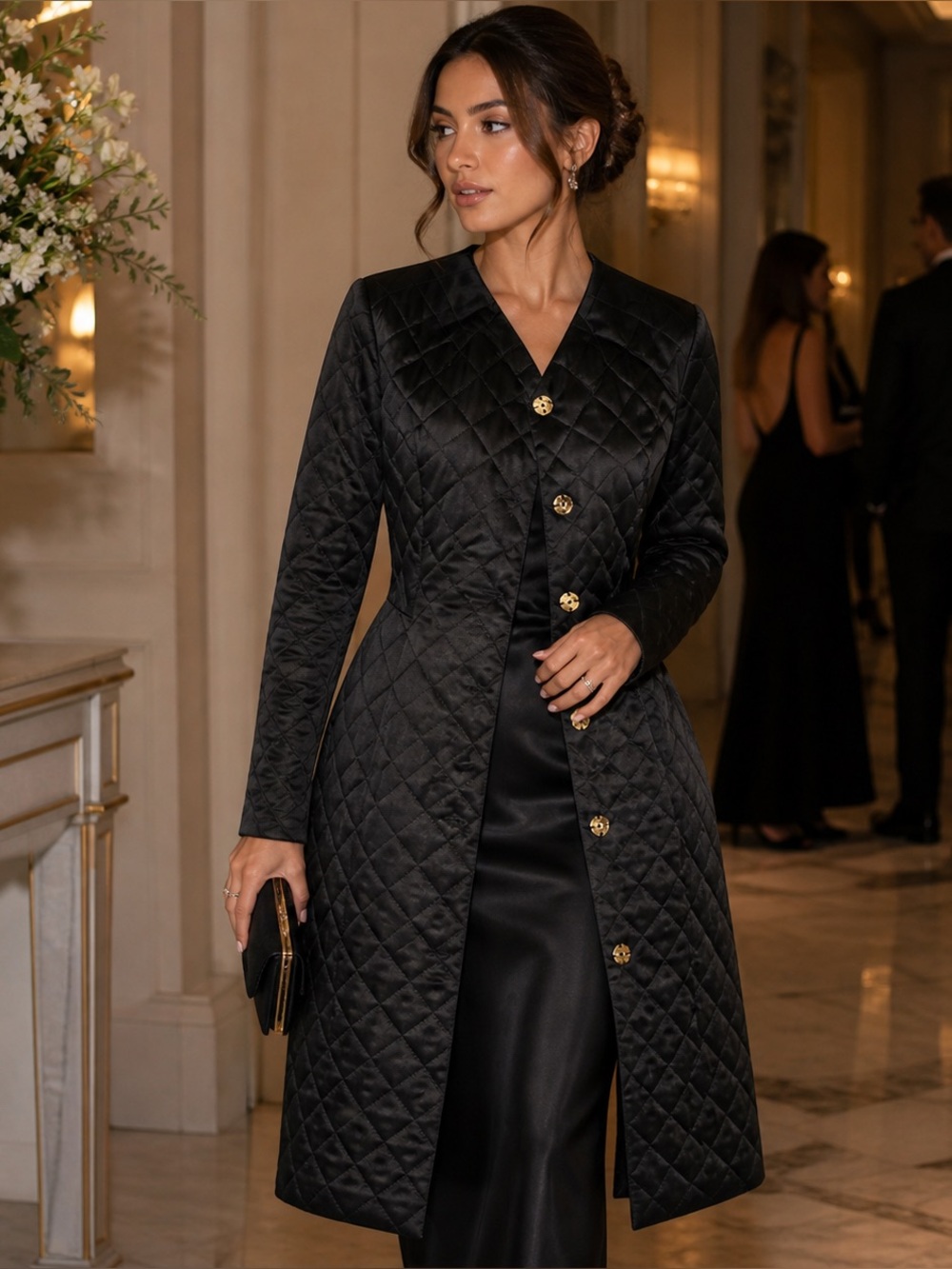 solo Black Quilted Long Puffer Coat with Gold Buttons